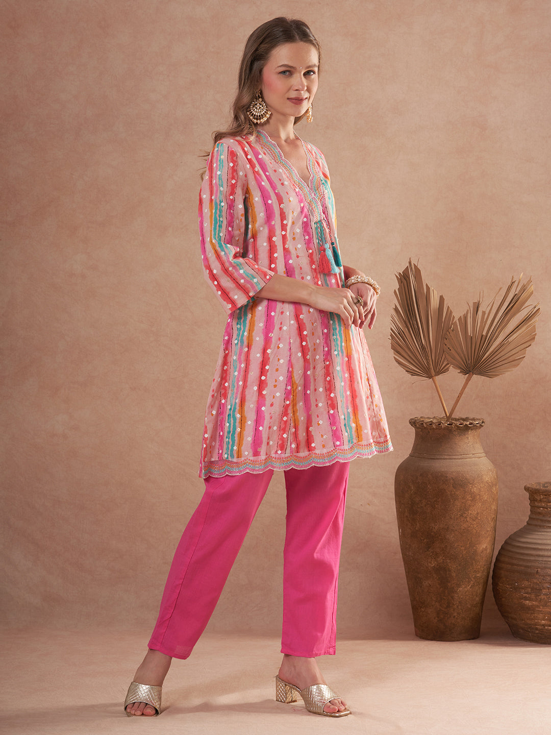 Ethnic Foil Stripes Printed A-Line Paneled Kurta with Pant - Multi