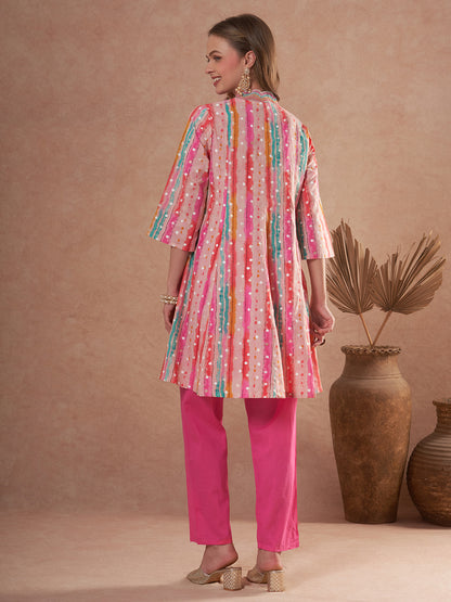 Ethnic Foil Stripes Printed A-Line Paneled Kurta with Pant - Multi