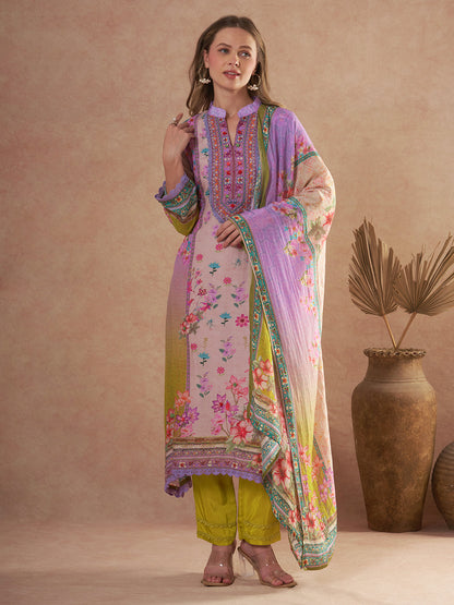 Ethnic Floral Printed & Embroidered Straight Kurta with Pant & Dupatta - Purple