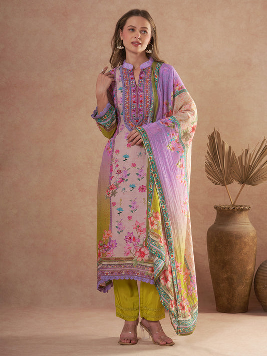 Ethnic Floral Printed & Embroidered Straight Kurta with Pant & Dupatta - Purple