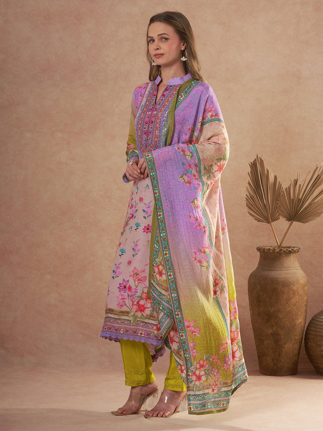 Ethnic Floral Printed & Embroidered Straight Kurta with Pant & Dupatta - Purple