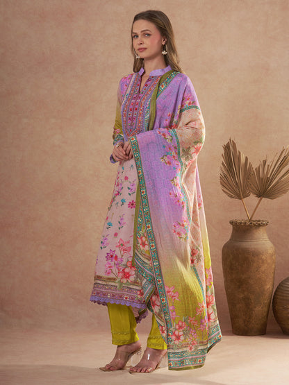 Ethnic Floral Printed & Embroidered Straight Kurta with Pant & Dupatta - Purple