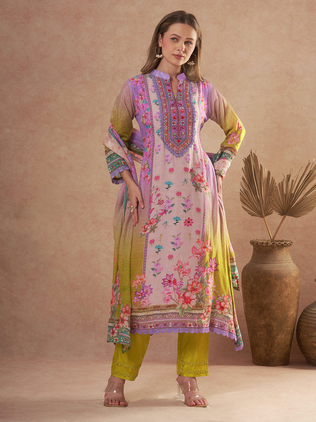 Ethnic Floral Printed & Embroidered Straight Kurta with Pant & Dupatta - Purple