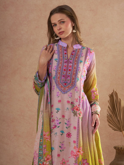 Ethnic Floral Printed & Embroidered Straight Kurta with Pant & Dupatta - Purple