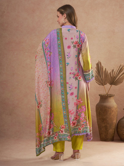Ethnic Floral Printed & Embroidered Straight Kurta with Pant & Dupatta - Purple