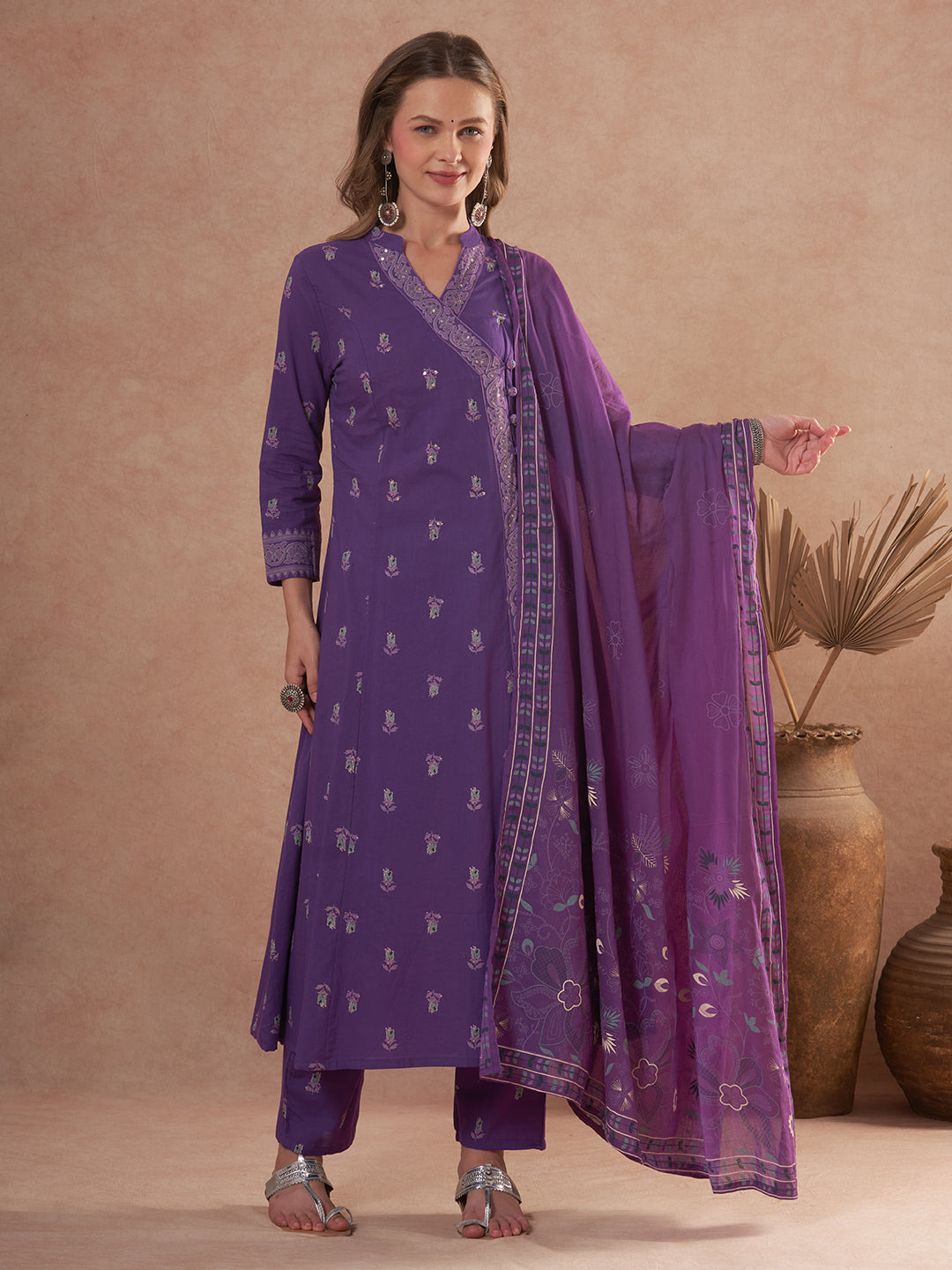 Floral Printed Anarkali Flared Kurta with Pant and Dupatta - Purple