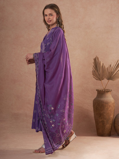 Floral Printed Anarkali Flared Kurta with Pant and Dupatta - Purple