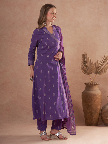 Floral Printed Anarkali Flared Kurta with Pant and Dupatta - Purple