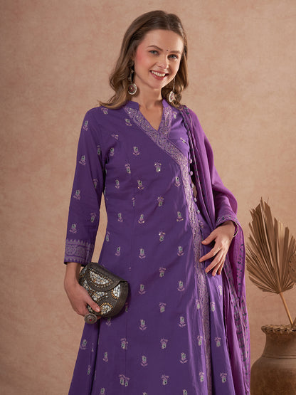 Floral Printed Anarkali Flared Kurta with Pant and Dupatta - Purple