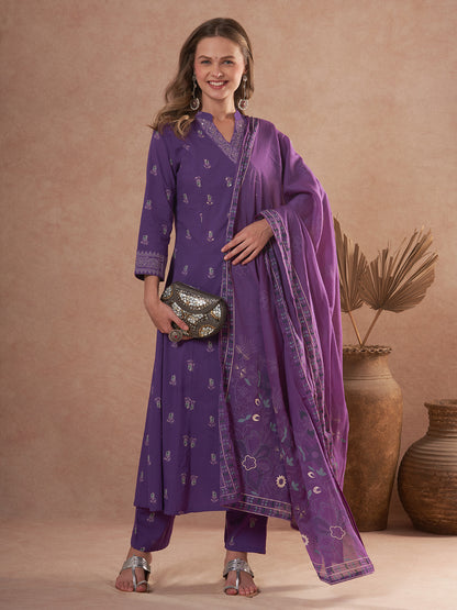 Floral Printed Anarkali Flared Kurta with Pant and Dupatta - Purple