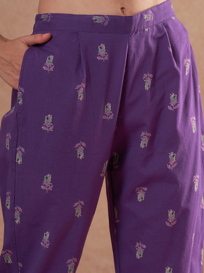 Floral Printed Anarkali Flared Kurta with Pant and Dupatta - Purple