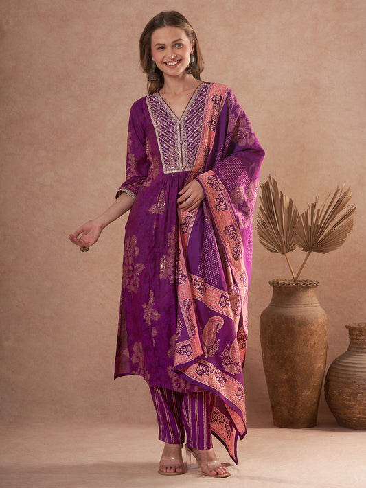 Floral Printed A-Line Embroidered Kurta with Pant & Dupatta - Burgundy
