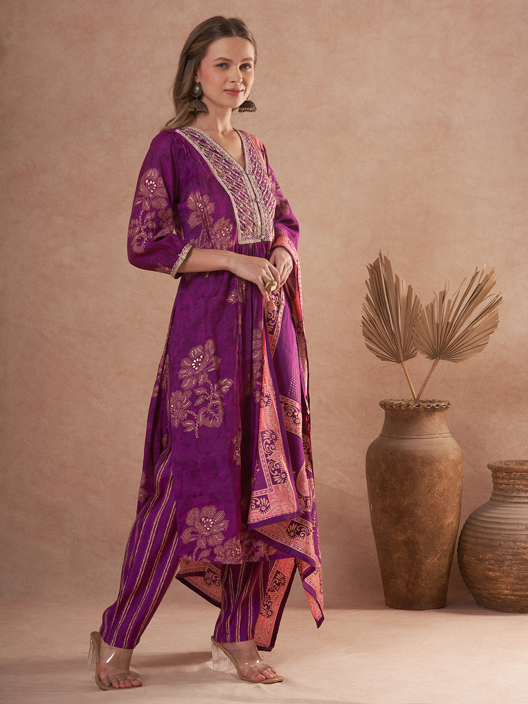 Floral Printed A-Line Embroidered Kurta with Pant & Dupatta - Burgundy