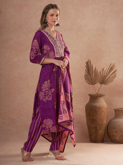 Floral Printed A-Line Embroidered Kurta with Pant & Dupatta - Burgundy