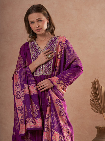 Floral Printed A-Line Embroidered Kurta with Pant & Dupatta - Burgundy
