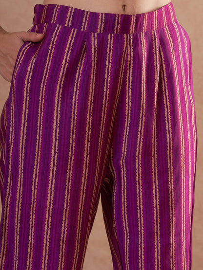 Floral Printed A-Line Embroidered Kurta with Pant & Dupatta - Burgundy