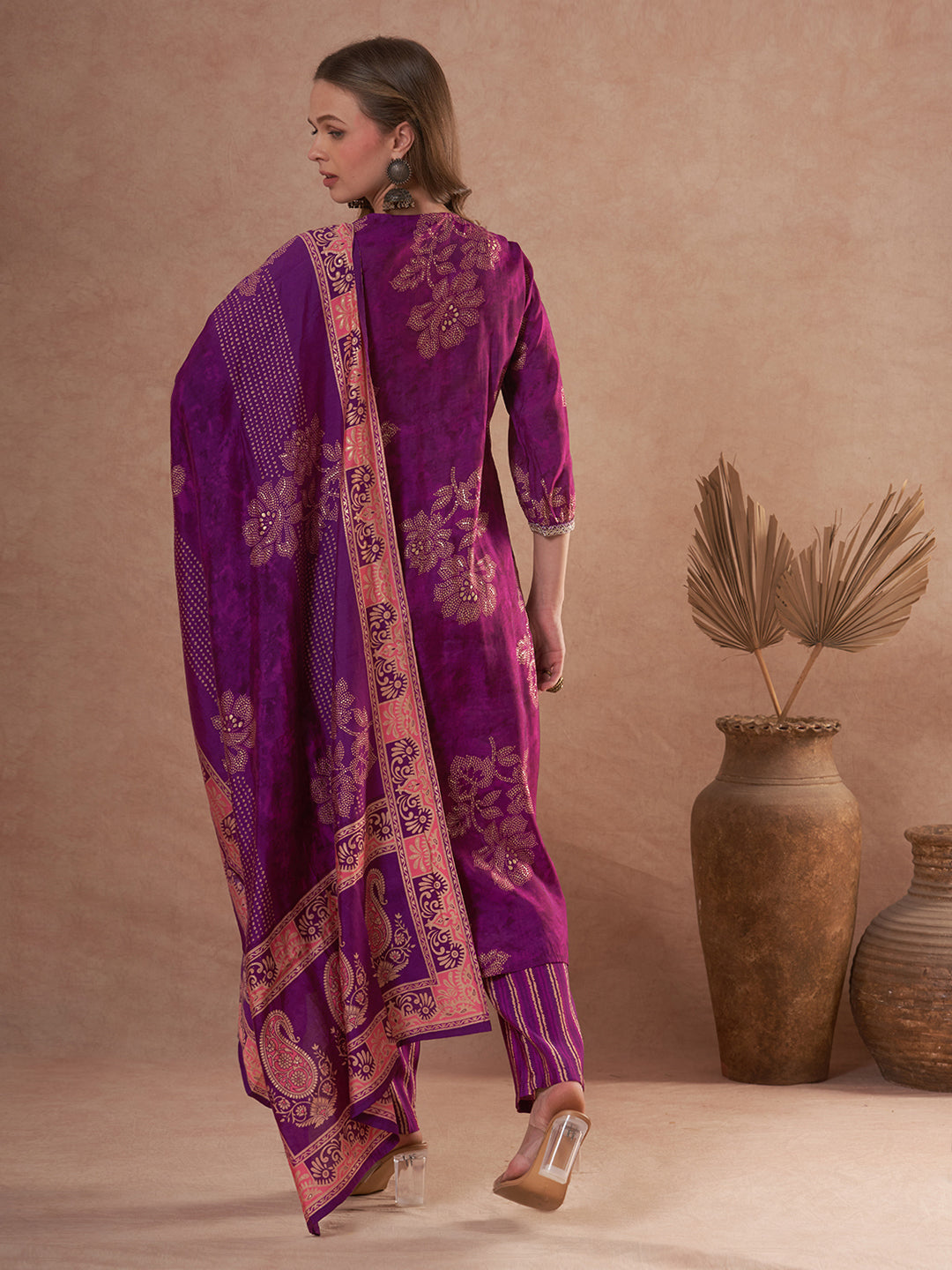 Floral Printed A-Line Embroidered Kurta with Pant & Dupatta - Burgundy