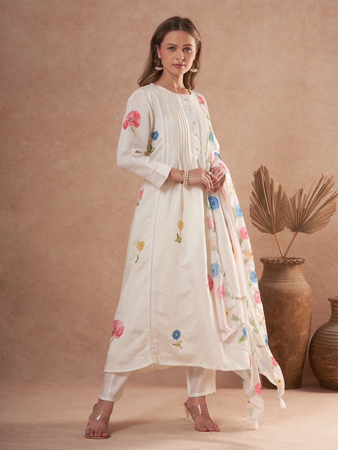 Solid Floral Embroidered A-Line Kurta with Pant and Dupatta - White