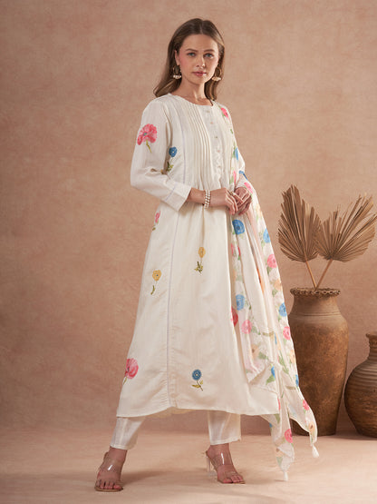 Solid Floral Embroidered A-Line Kurta with Pant and Dupatta - White