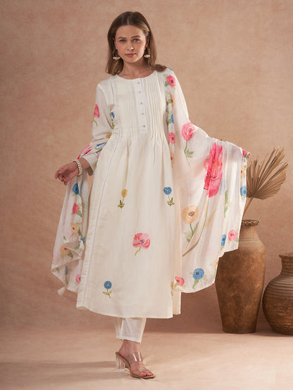 Solid Floral Embroidered A-Line Kurta with Pant and Dupatta - White