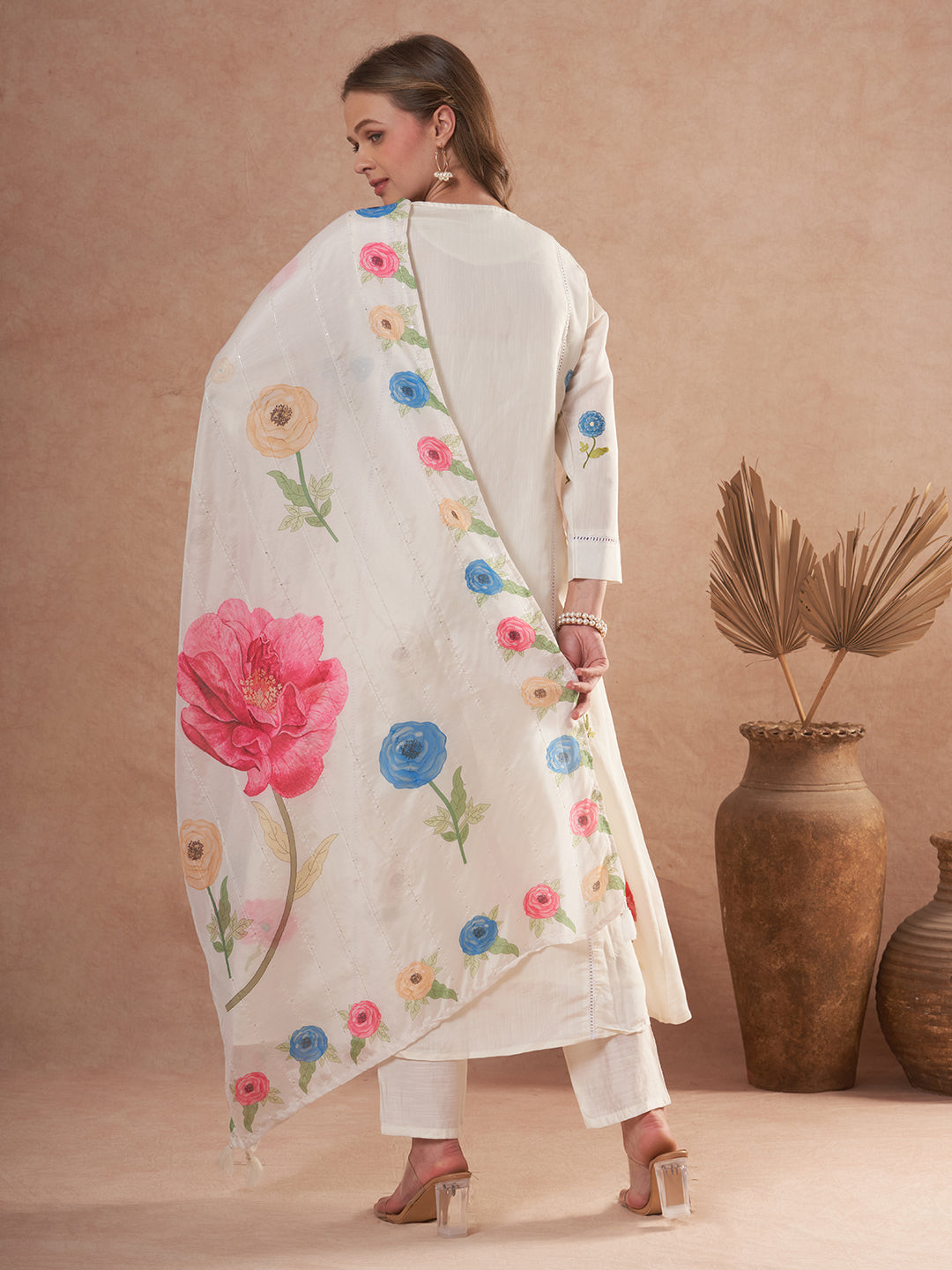 Solid Floral Embroidered A-Line Kurta with Pant and Dupatta - White