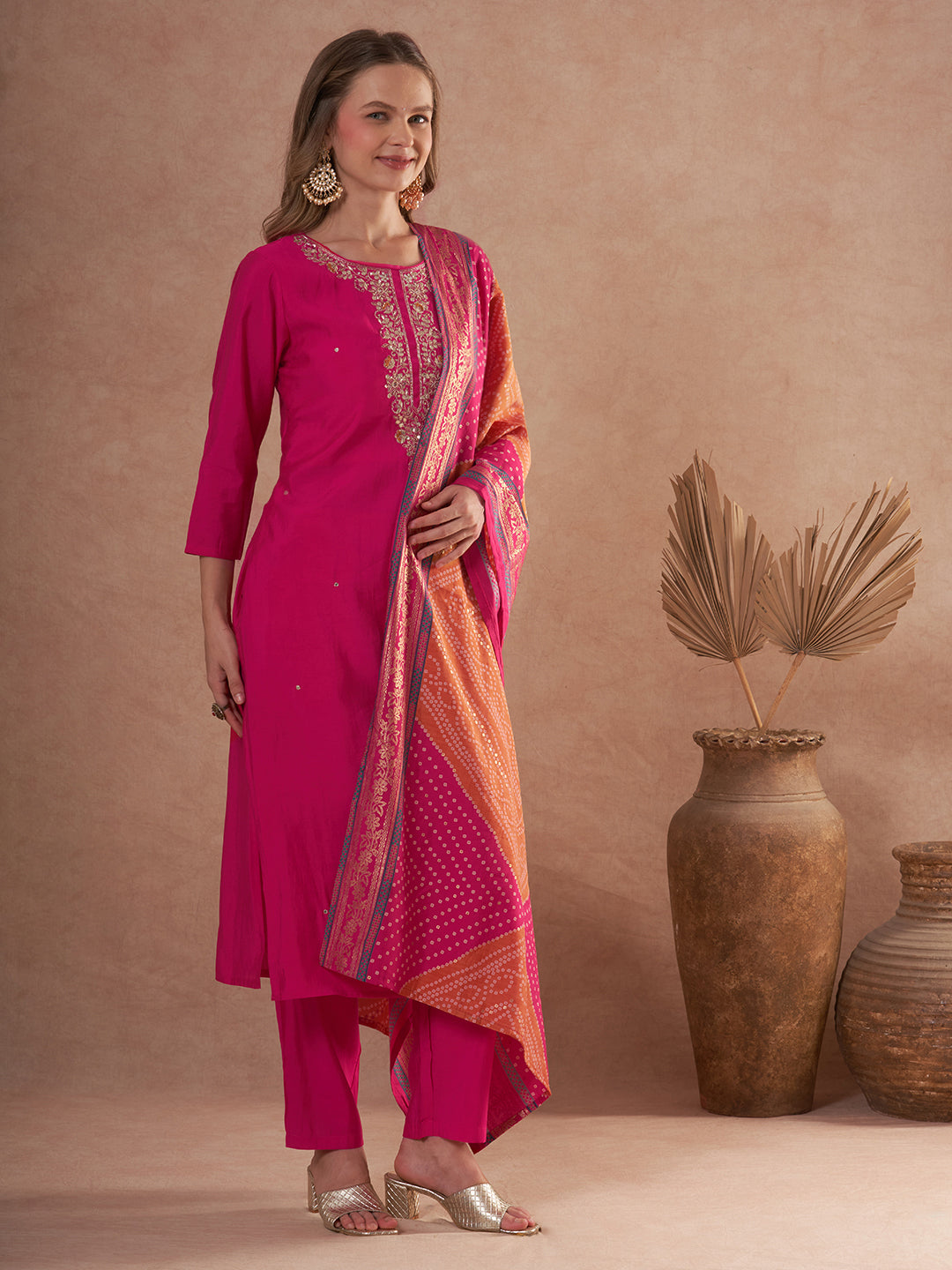 Solid Gota Patti Embroidered Straight Fit Kurta with Pant and Dupatta - Rani