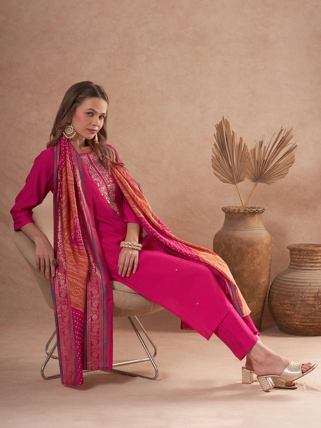 Solid Gota Patti Embroidered Straight Fit Kurta with Pant and Dupatta - Rani
