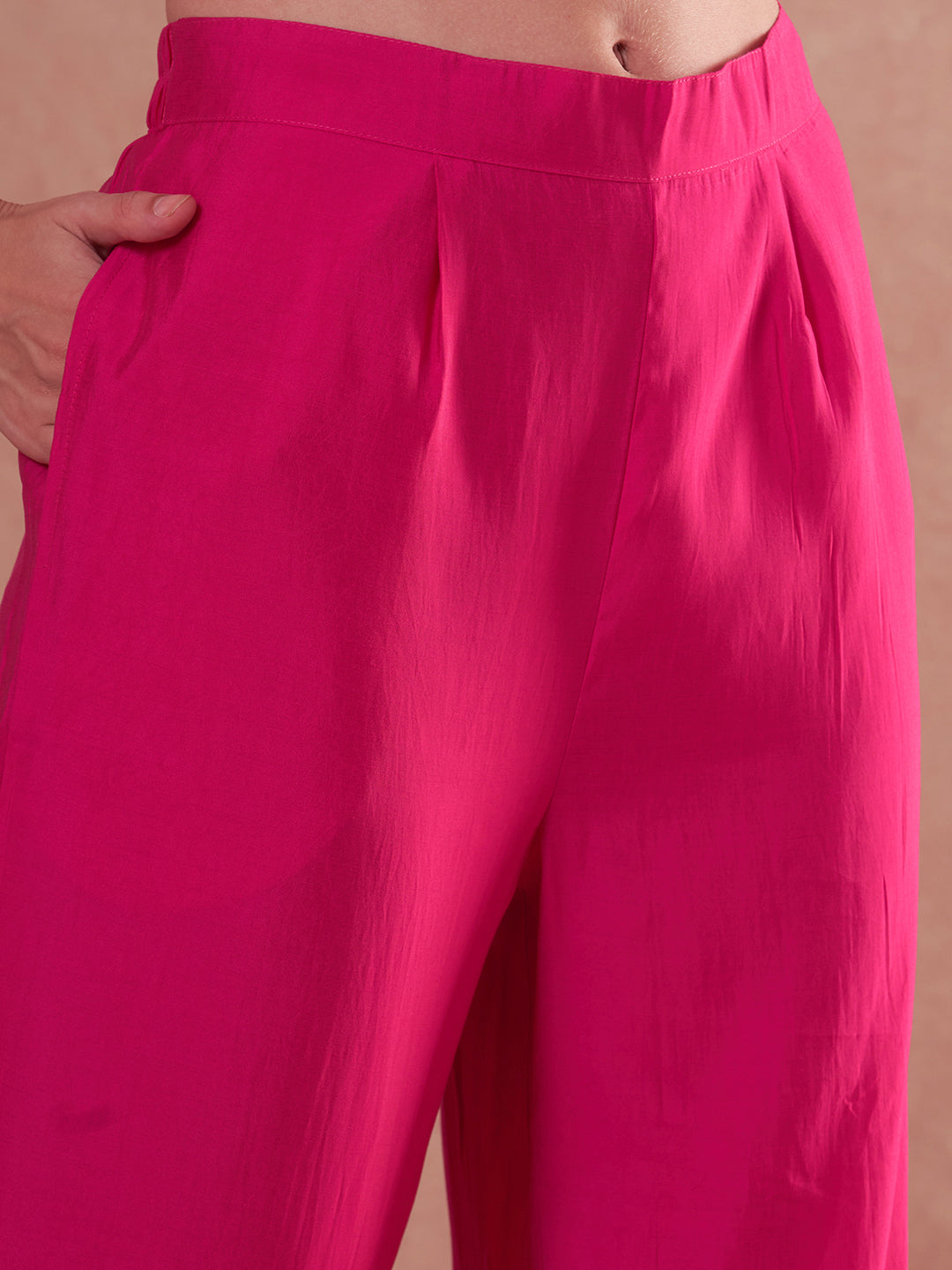 Solid Gota Patti Embroidered Straight Fit Kurta with Pant and Dupatta - Rani