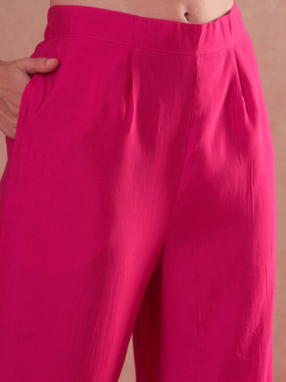 Solid Gota Patti Embroidered Straight Fit Kurta with Pant and Dupatta - Rani