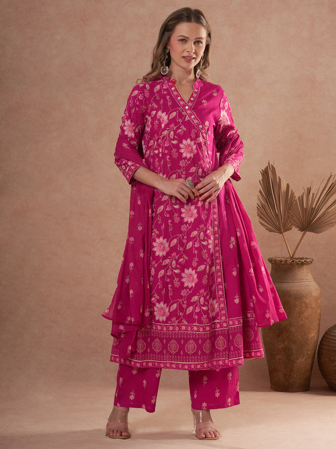 Ethnic Floral Printed Anarkali Flared Kurta with Palazzo and Dupatta - Pink