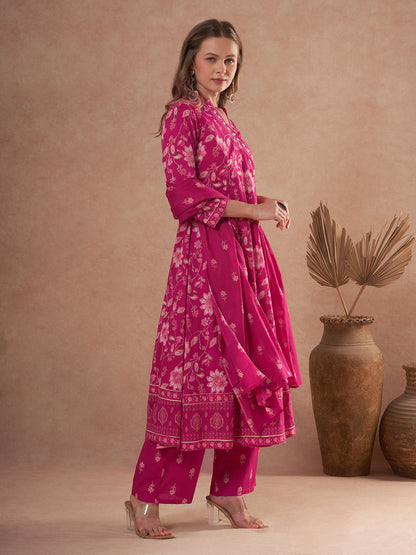 Ethnic Floral Printed Anarkali Flared Kurta with Palazzo and Dupatta - Pink