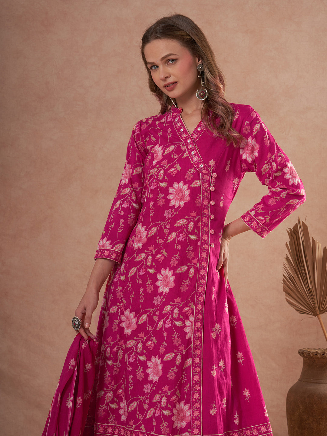 Ethnic Floral Printed Anarkali Flared Kurta with Palazzo and Dupatta - Pink