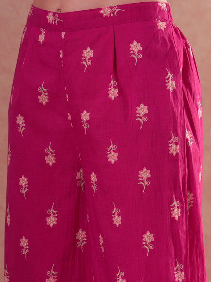 Ethnic Floral Printed Anarkali Flared Kurta with Palazzo and Dupatta - Pink