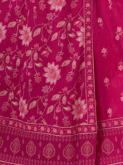 Ethnic Floral Printed Anarkali Flared Kurta with Palazzo and Dupatta - Pink