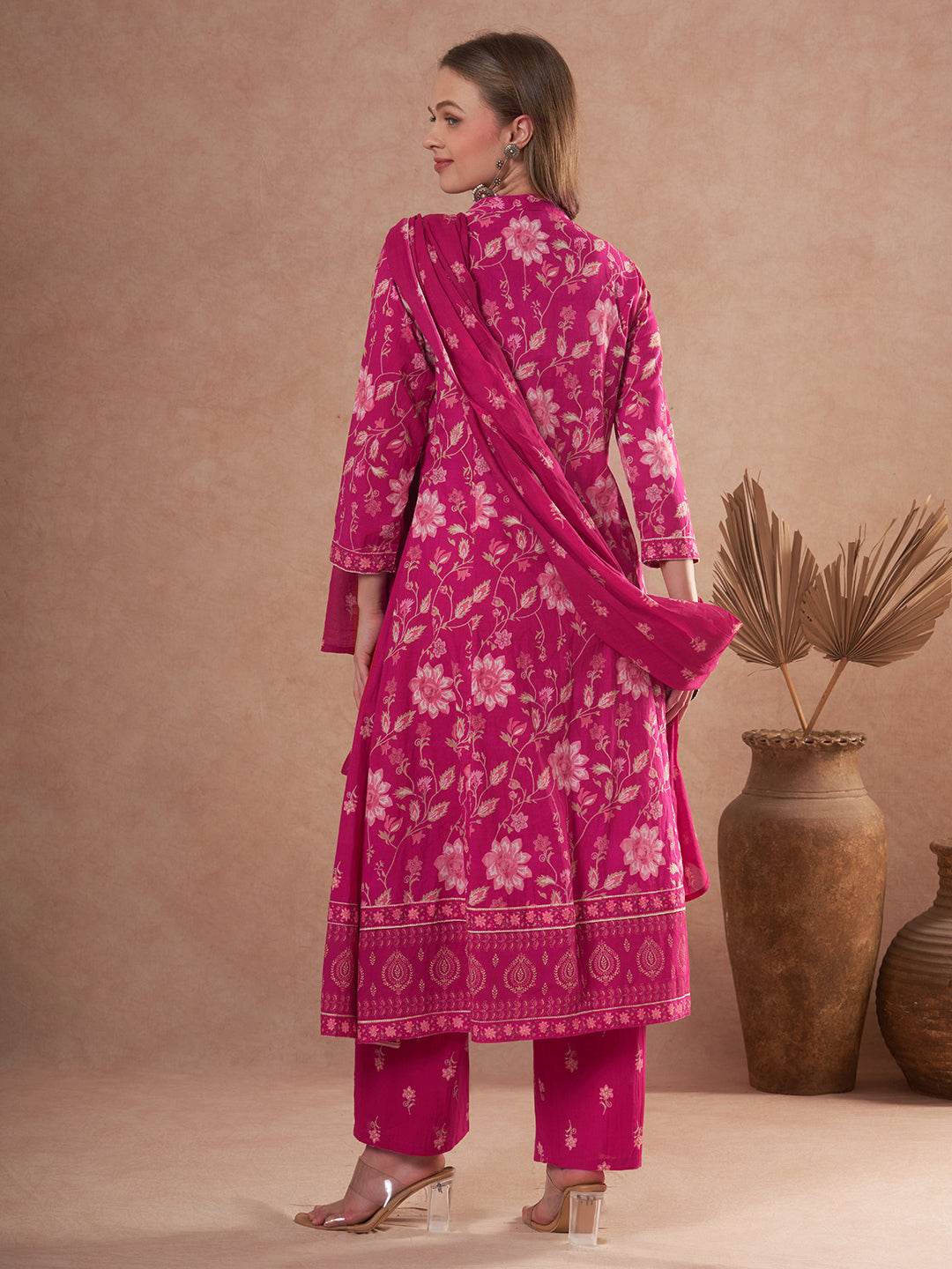 Ethnic Floral Printed Anarkali Flared Kurta with Palazzo and Dupatta - Pink
