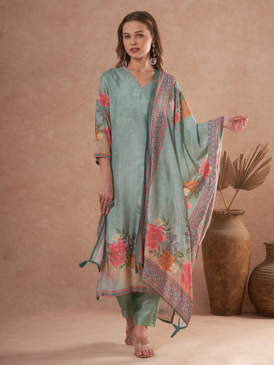Abstract Floral Printed Embroidered Straight Fit Kurta with Pant and Dupatta - Sea Green