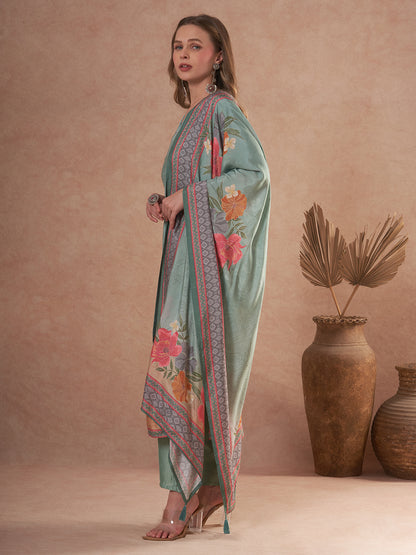 Abstract Floral Printed Embroidered Straight Fit Kurta with Pant and Dupatta - Sea Green