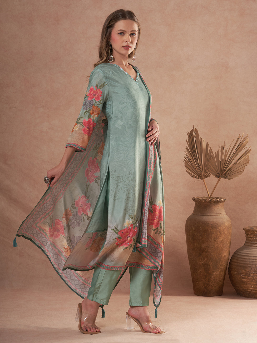 Abstract Floral Printed Embroidered Straight Fit Kurta with Pant and Dupatta - Sea Green