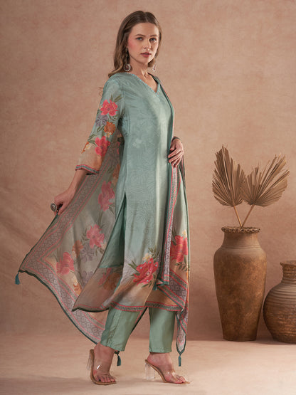 Abstract Floral Printed Embroidered Straight Fit Kurta with Pant and Dupatta - Sea Green