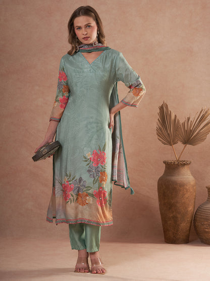 Abstract Floral Printed Embroidered Straight Fit Kurta with Pant and Dupatta - Sea Green