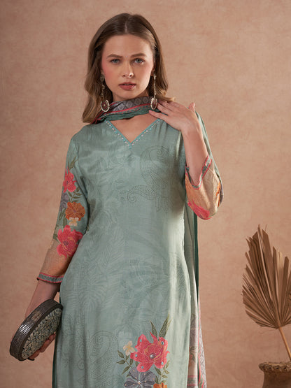 Abstract Floral Printed Embroidered Straight Fit Kurta with Pant and Dupatta - Sea Green