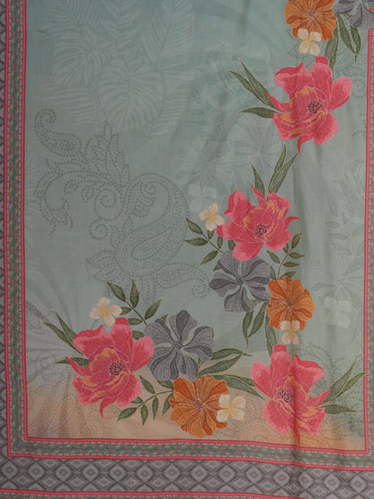 Abstract Floral Printed Embroidered Straight Fit Kurta with Pant and Dupatta - Sea Green