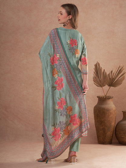 Abstract Floral Printed Embroidered Straight Fit Kurta with Pant and Dupatta - Sea Green