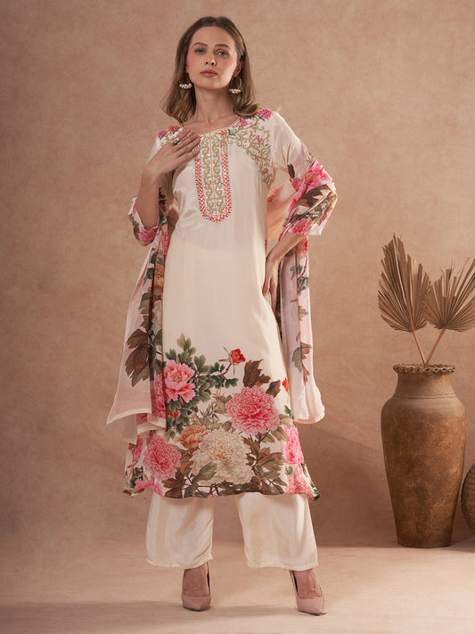 Abstract Floral Printed & Embroidered A-Line Kurta with Pant & Dupatta - Cream