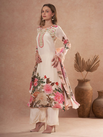 Abstract Floral Printed & Embroidered A-Line Kurta with Pant & Dupatta - Cream