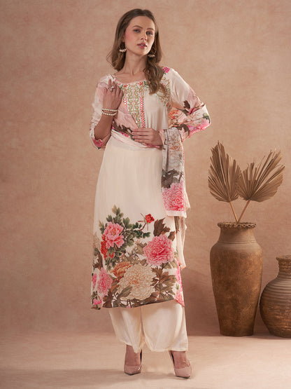 Abstract Floral Printed & Embroidered A-Line Kurta with Pant & Dupatta - Cream