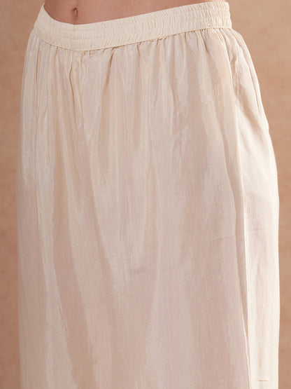 Abstract Floral Printed & Embroidered A-Line Kurta with Pant & Dupatta - Cream
