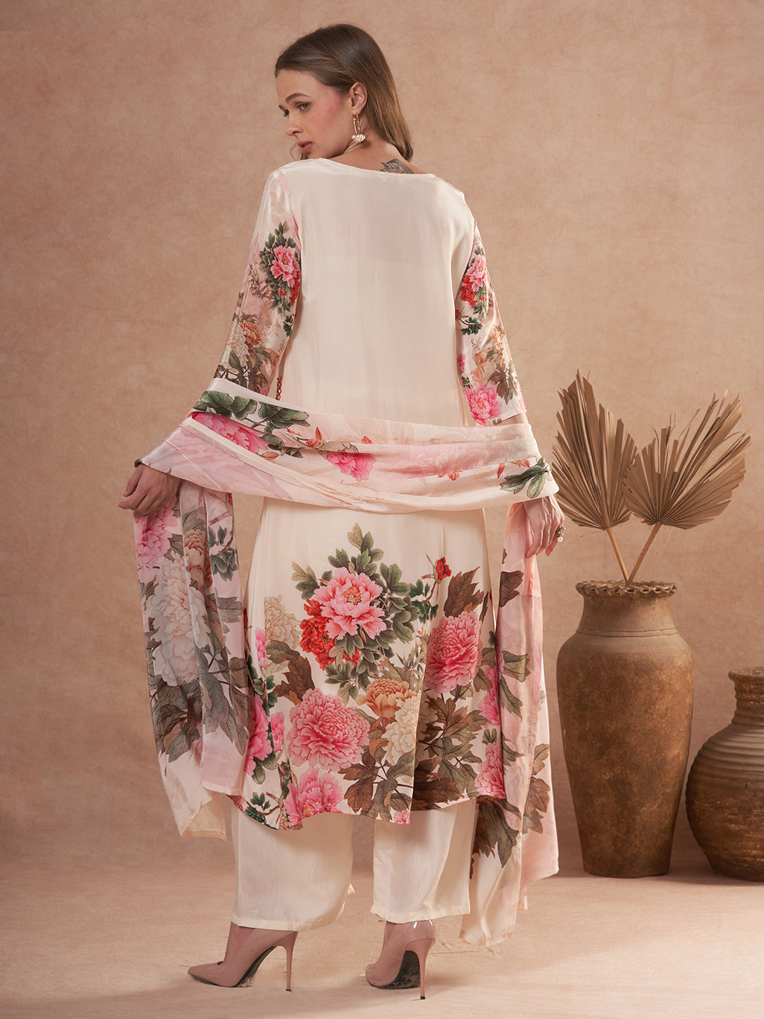 Abstract Floral Printed & Embroidered A-Line Kurta with Pant & Dupatta - Cream