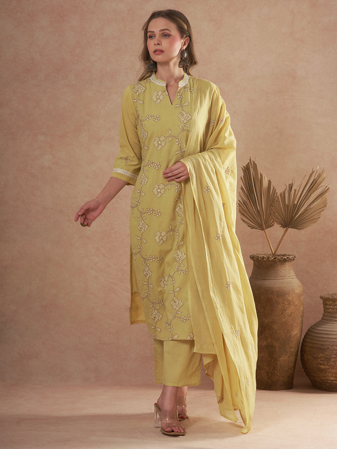 Solid Ethnic Embroidered Straight Fit Kurta with Palazzo and Dupatta - Green