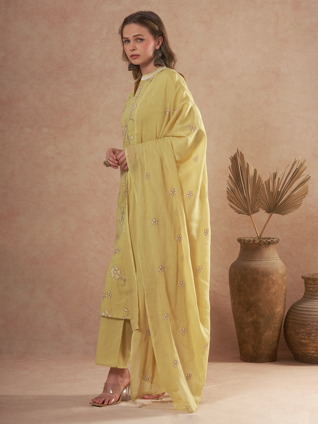 Solid Ethnic Embroidered Straight Fit Kurta with Palazzo and Dupatta - Green